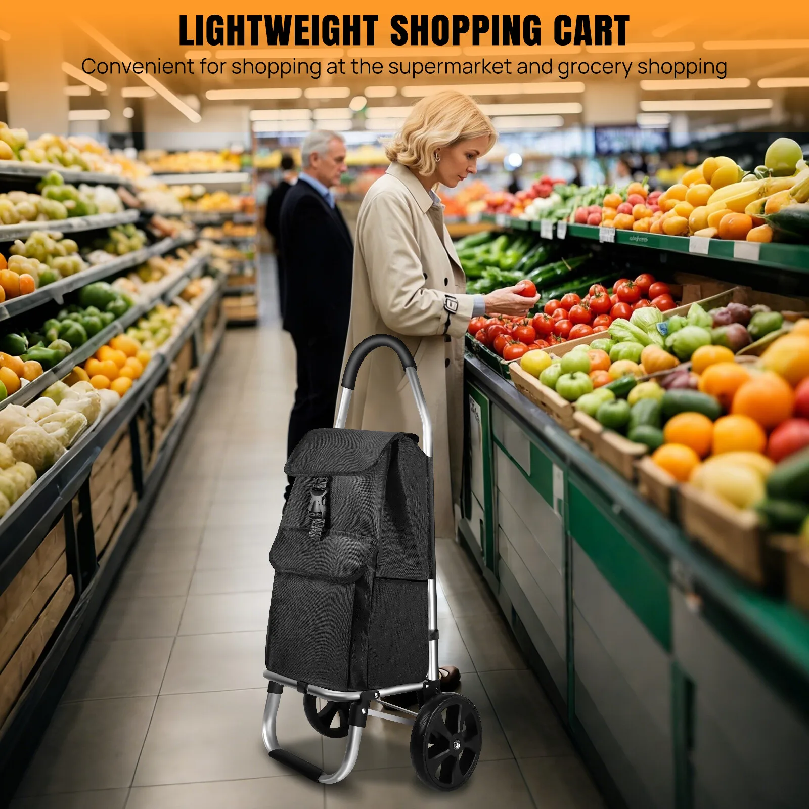 Chariot de courses 40L, chariot à 2 roues avec barre de traction pliable, chariot de courses portable avec sac de courses amovible, chariot d'épicerie domestique, petit chariot à tirer, chariot à