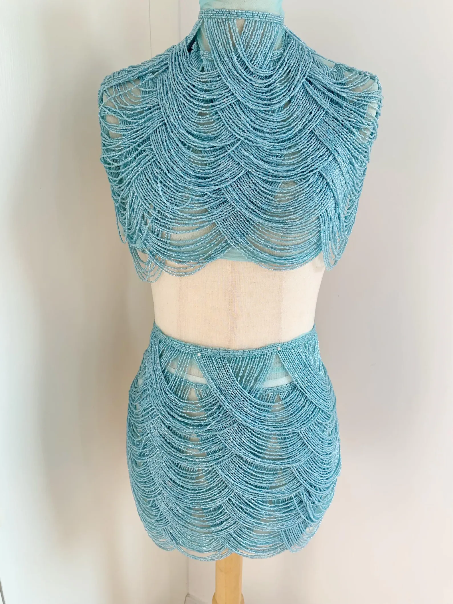 Light Blue Chains Cape Fabric, Beading Body Jewelry , Bead Fringe Bodice Appliqué For Couture, Dress, Dance Costume, Prom Dress