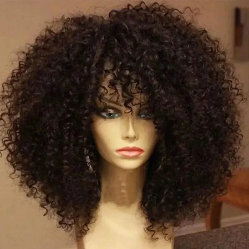 16-Zoll-Afro-Perücke mit verworrenem lockigem Haar und Pony, weiche, flauschige Kunstfaser, keine Spitzenperücken für Party, Cosplay, täglicher Gebrauch
