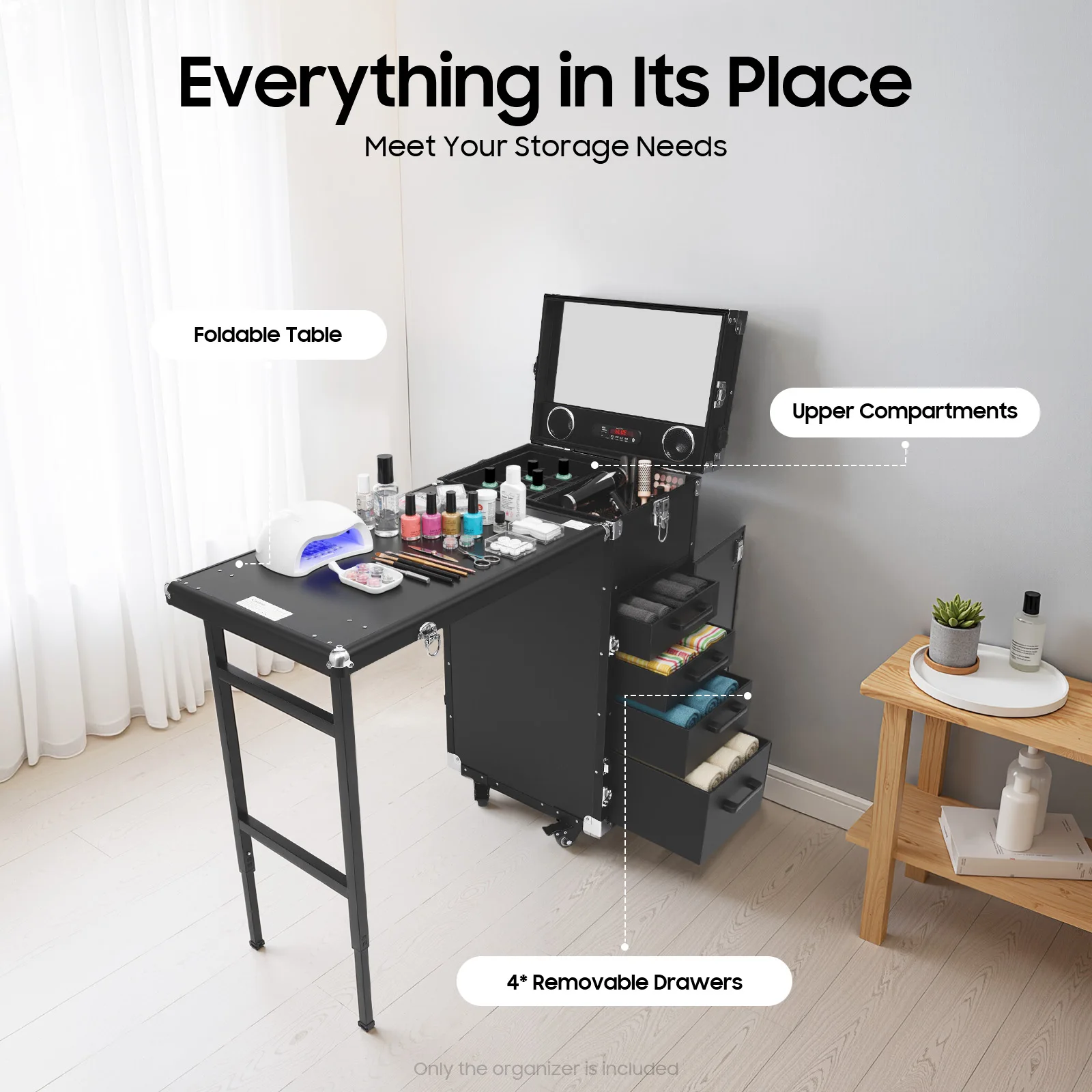 

Rolling Manicure Table Portable Makeup Train Case w/4 Lockable Wheels Extendable Workstation