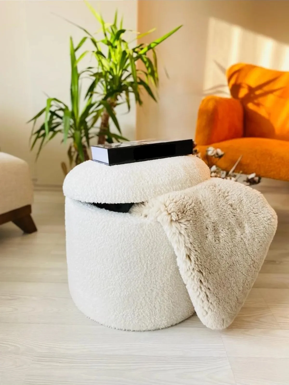 Minimalist Handmade X Large Tedy Cylinder with Fabric Chest Decorative Soft Bench Modern living room makeup chair organizer