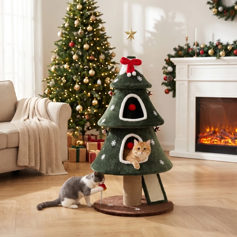Albero per gatti con design natalizio, altezza 132 cm: torre imbottita con 2 nidi e scala in sisal verde.
