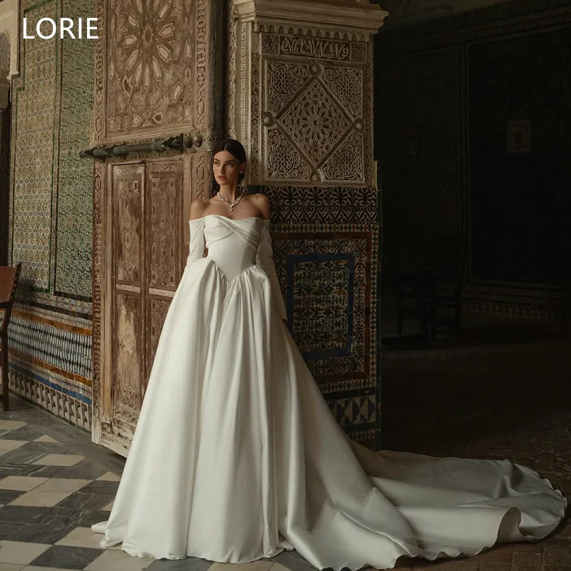 

LORIE Elegant Satin Wedding Dresses A-Line Off Shoulder Bride Prom Gown Simple Pleated Bridal Gowns Customized