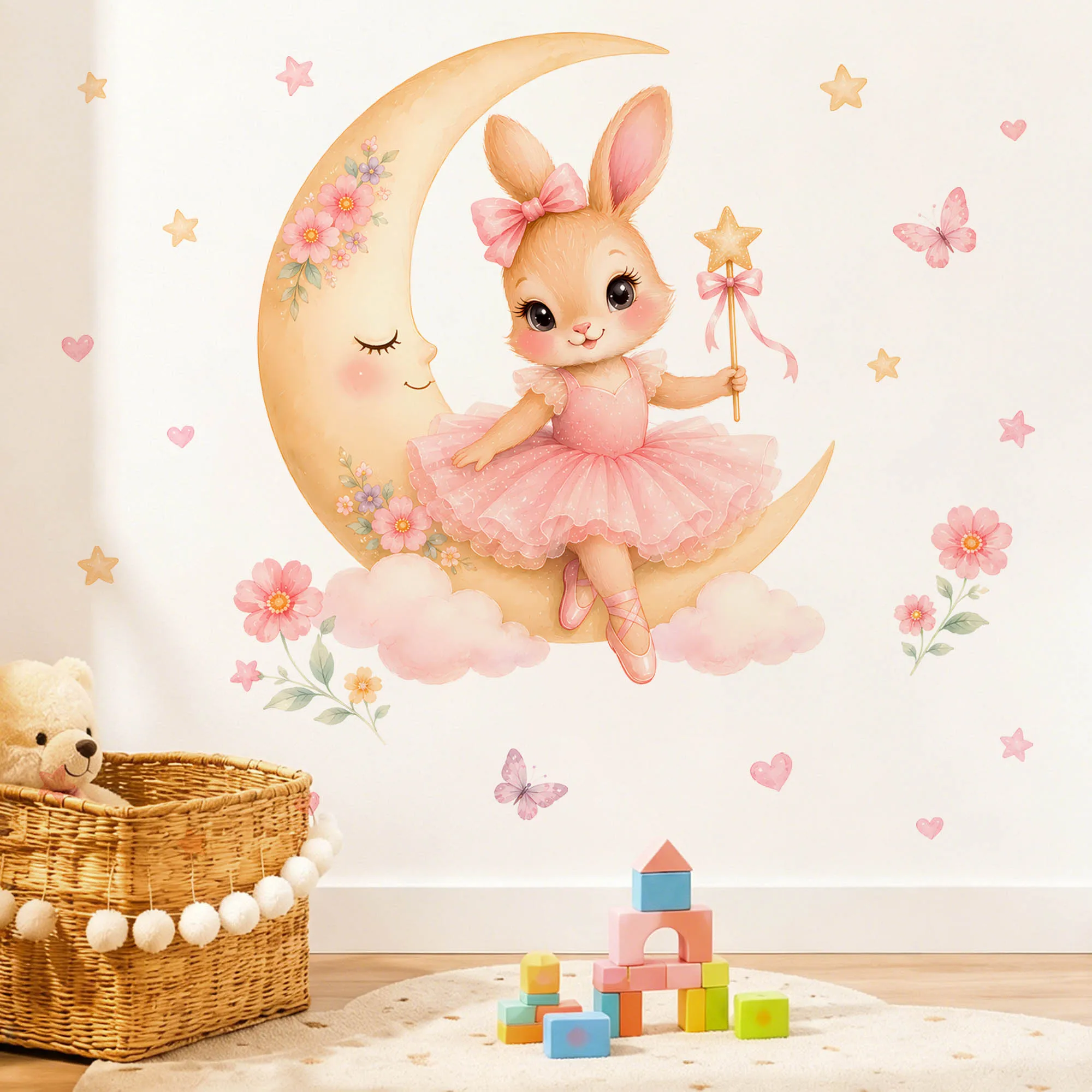 Watercolor Ballerina Bunny Moon Wall Stickers Pink Tutu Rabbit Star Wand Wall Decals for Kids Baby Girls Room Bedroom Home Decor view 5