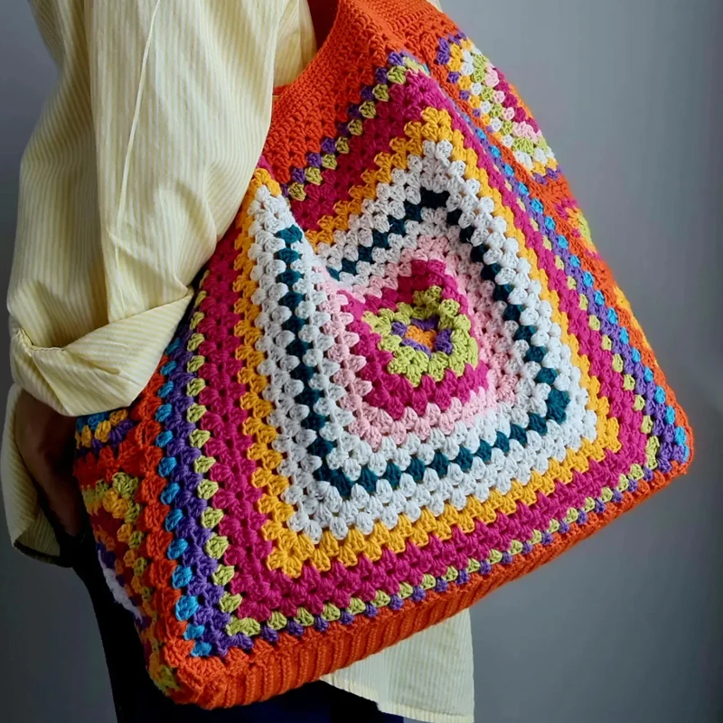 Colorful Checked Granny Square Big Shoulder Bag Boho Hippie Handbags For Women High-Capacity Cute Purse For Summer Beach