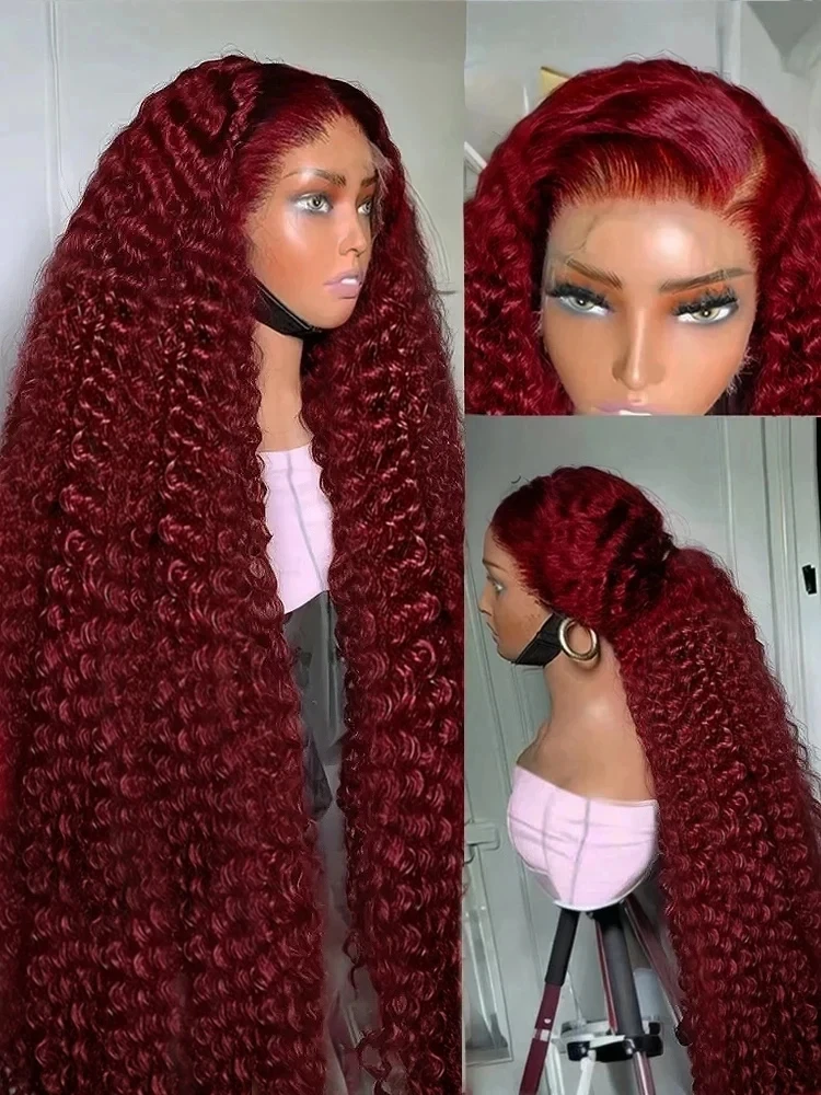 30 38 Inch 99J Burgundy 13X6 Hd Curly Lace Frontal Human Hair Wig Red Colored 13X4 Transparent Lace Deep Wave Frontal Wig