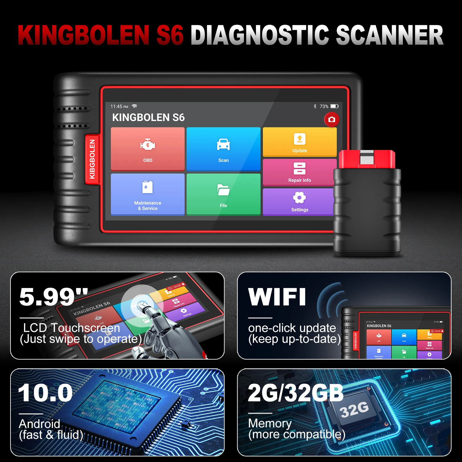 Kingbolen S6 OBD2-scanner, Bluetooth Alle systeemcodelezer Autodiagnosetool, Auto-VIN 28+ Onderhoud SAS/BMS/TPMS Scantool