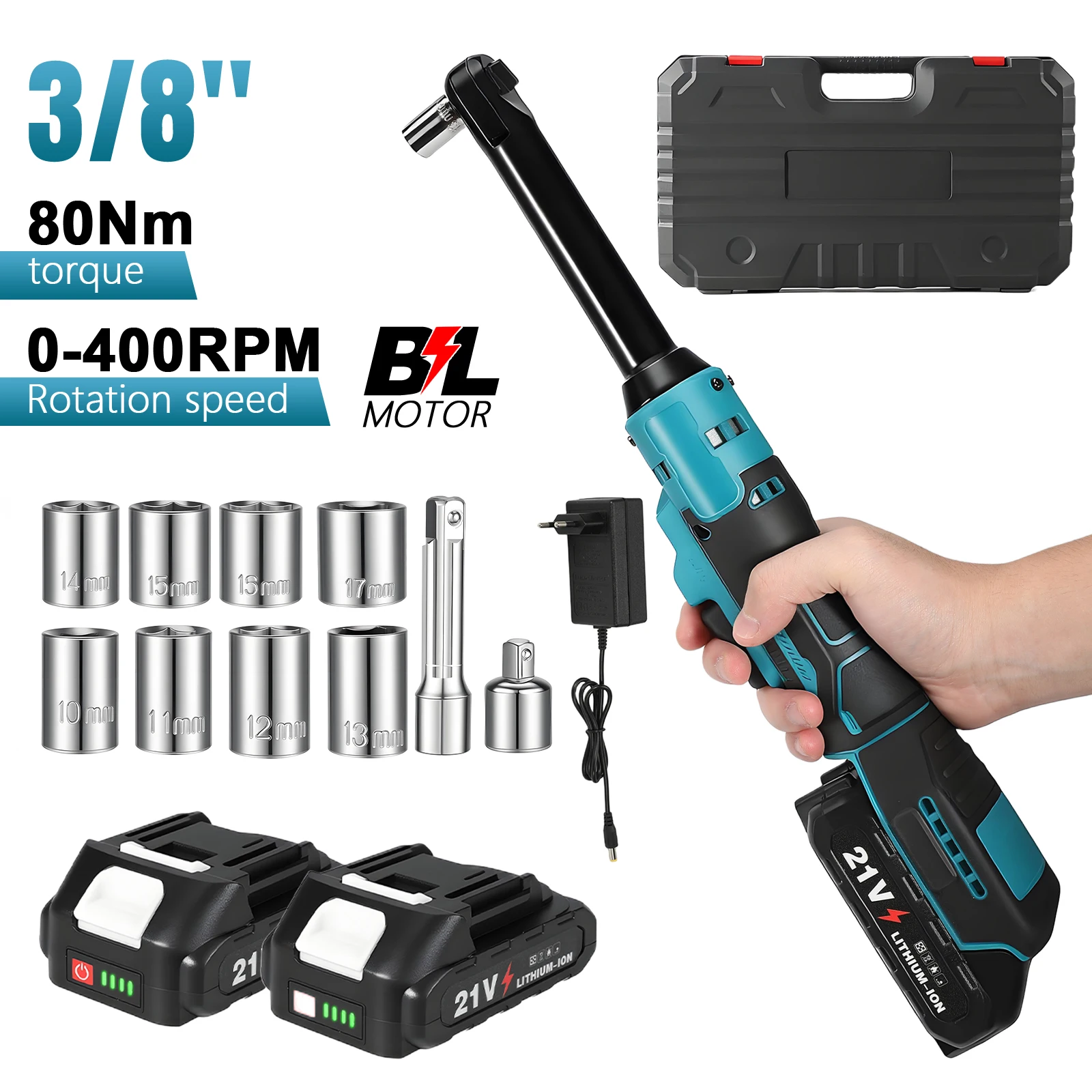 Clé à cliquet électrique sans fil 21V 3/8'' 80Nm 6,3'' avec rallonge, clé à cliquet électrique rechargeable, clé à angle, outils de réparation automobile avec 2 batteries