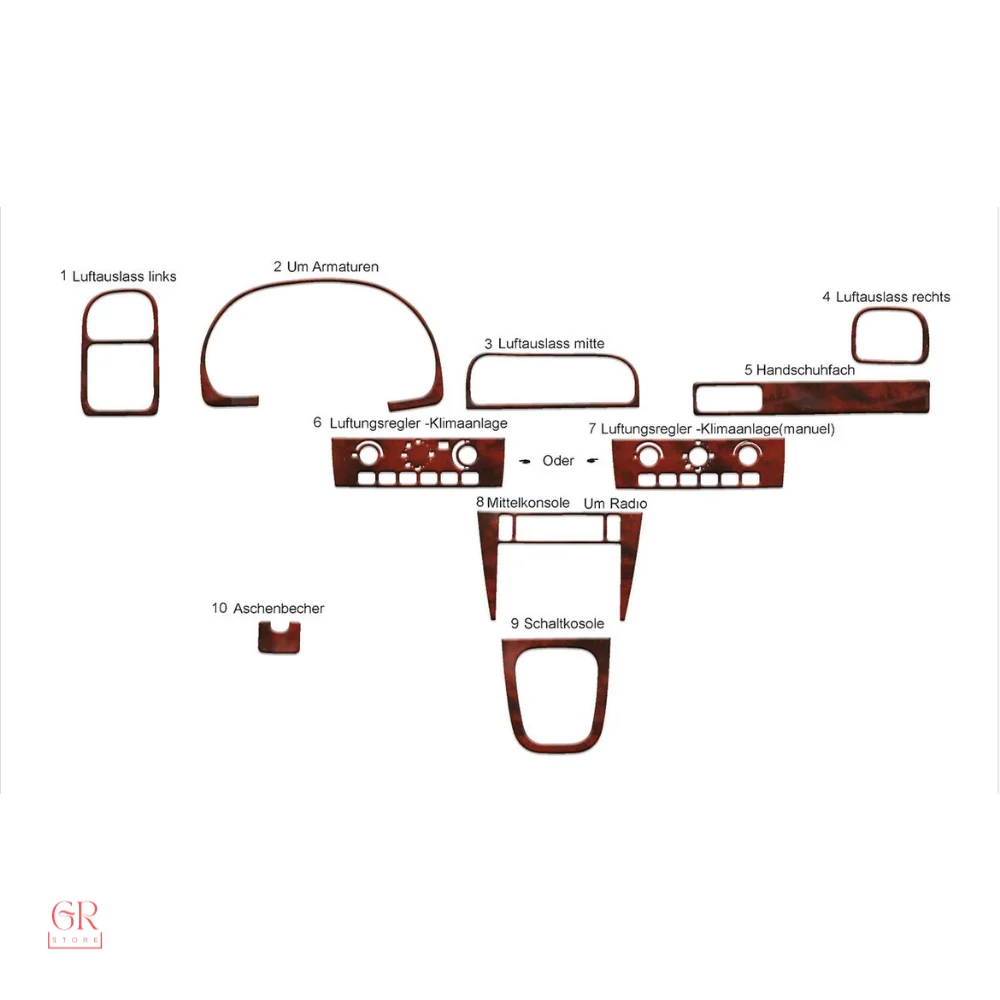 Front Center Console Trim (Mahogany,Carbon,Aluminum,Piano Black) 10 Pieces For Volvo S40 /V40 2000-2003