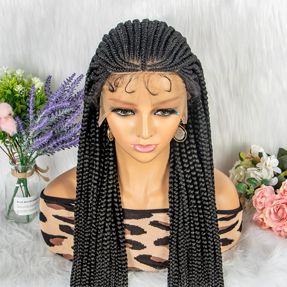 Os recém-chegados caixa de cornrow trançado perucas sintéticas caixa trançada perucas para preto feminino 36 polegadas perucas dianteiras do laço com cabelo do bebê