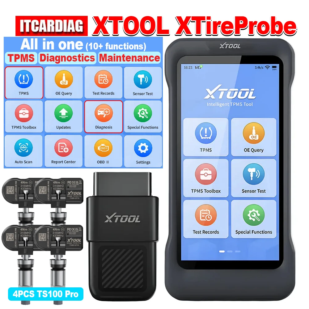 

Диагностический инструмент Xtool XTireProbe с VCI TS100 Pro OBD2 для диагностики автомобильных систем TPMS, активации кодов, чтения и сброса DTC, CAN FD, DolP, EPB