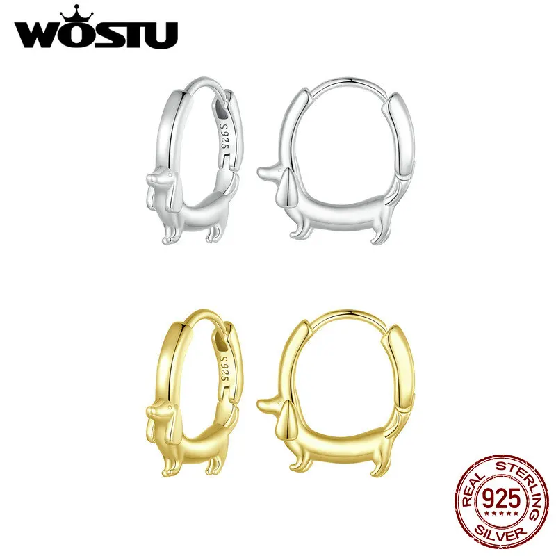 WOSTU Original 925 Sterling Silver Dachshund Hoop Earrings Plated Gold Ear Buckles for Women Dog Lovers Special Gift Jewelry