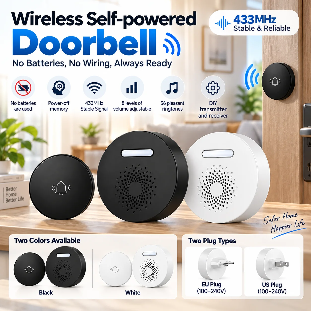 Wireless Doorbell No Battery Required Waterproof Self-Powered Door Bell Sets Home Outdoor Kinetic Ring Chime Doorbell