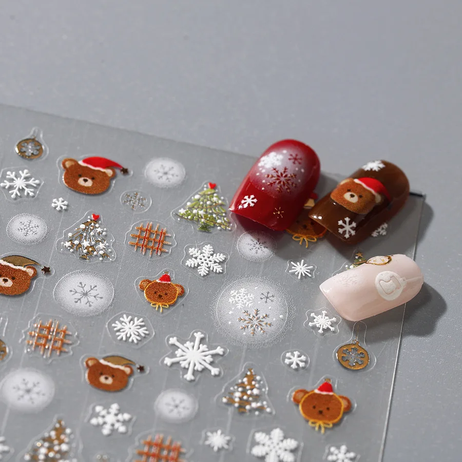 1PCS Kawaii Bear Snowflake Nail Stickers Christmas Adhesive Slider Nails Art Decoration 5D Embossed Nail Stickers New Year 2025