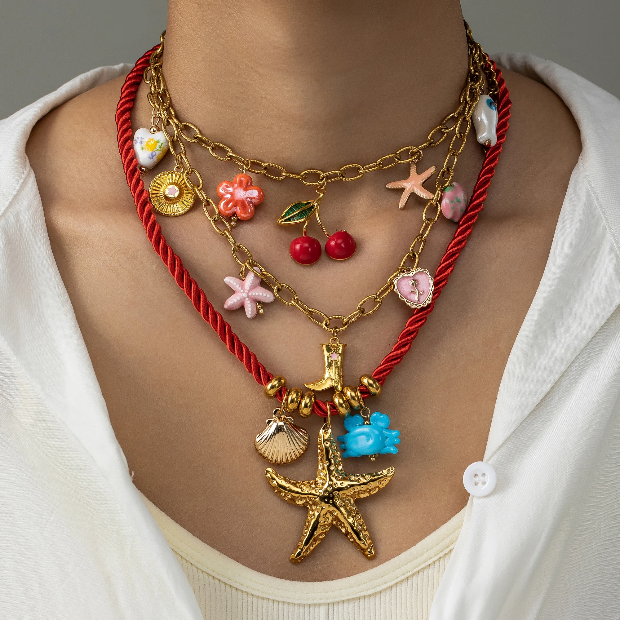 

Bohemian Golden Ladies Charm Necklace, Colorful Pendant, Starfish, Shell, Cherry, Layered Chain, Beach Summer Fashion Jewelry