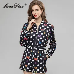 MoaaYina Summer Fashion Designer Vintage Dot Print Shorts Set Women's Stand Collar Elastic Jacket+Straight Shorts 2 Pieces Set