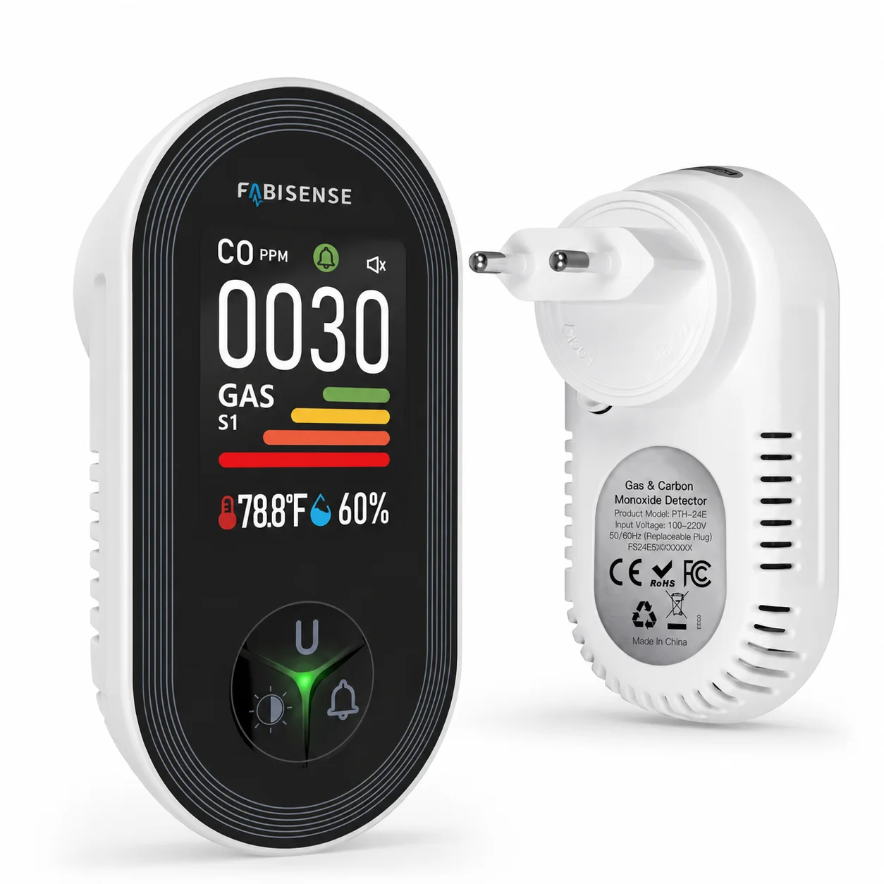 FABISENSE 4-in-1 Plug in Carbon Monoxide and Gas Detector CO Alarm Gas Analyzer Display with Humi/Temperature Sensor for Home