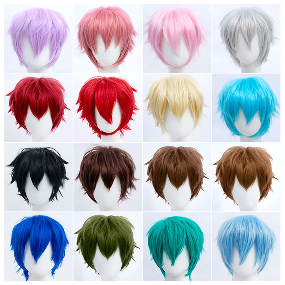 Synthetic Male Cosplay Wigs With Bangs Short Straight Blonde Black Blue White Red Hair Halloween Anime Cosplay Wig For Man Women