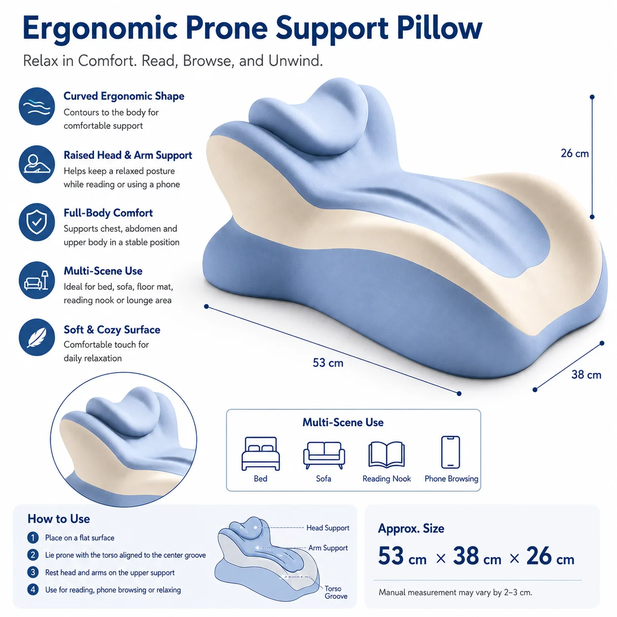 Multifunctional Memory Foam Prone Reading Pillow Relieve Neck Arm Fatigue Removable Headrest Anti-Slip Ideal for Bed Reading Wat
