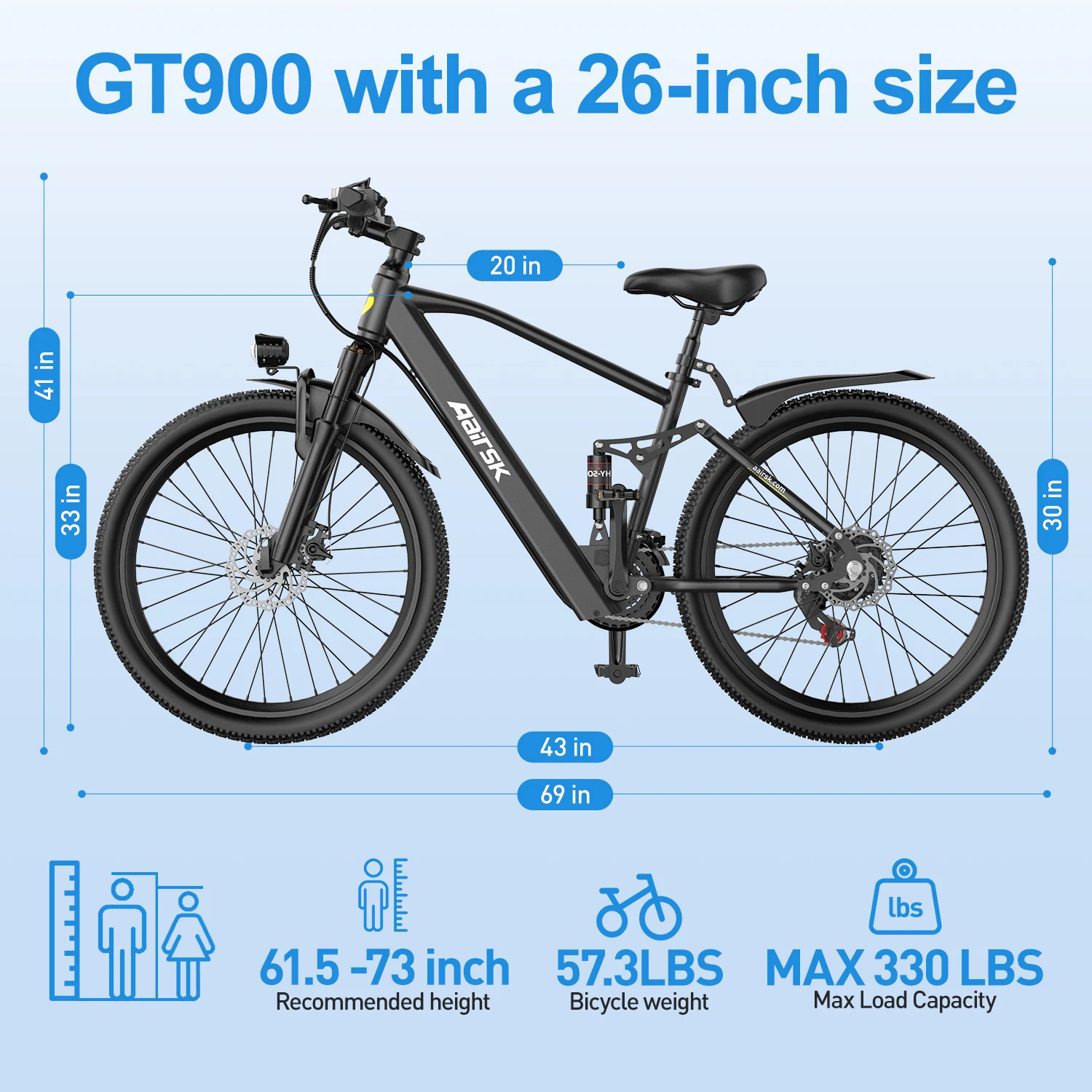 Aairsk Gt900 Elektrische Mountainbike Volledige Vering 21 Versnellingen 36V13Ah Batterij 40Km Bereik Nfc E-bike Off-Road Elektrische Fiets