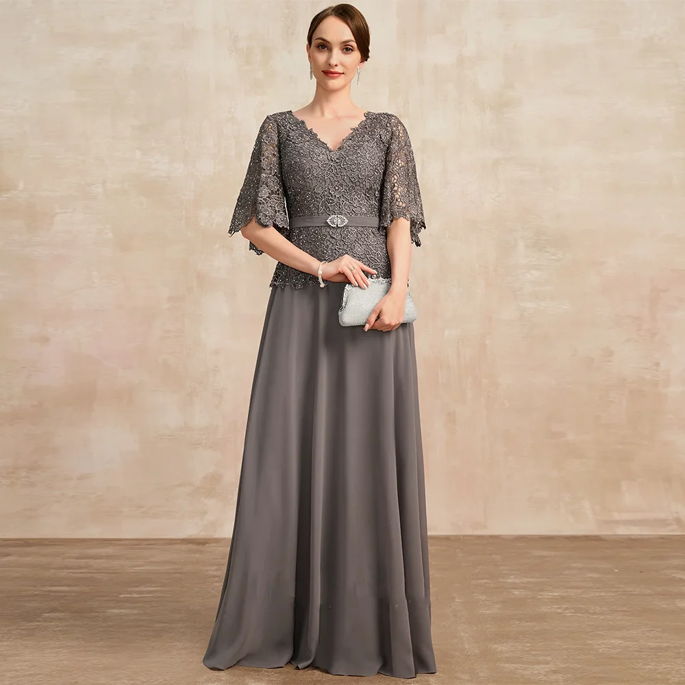 

15821# Elegant Appliques Lace A-line Ruffles Sleeves Chiffon Mother Of Bride Gown Wedding Party Evening Prom Dress فستان المساء