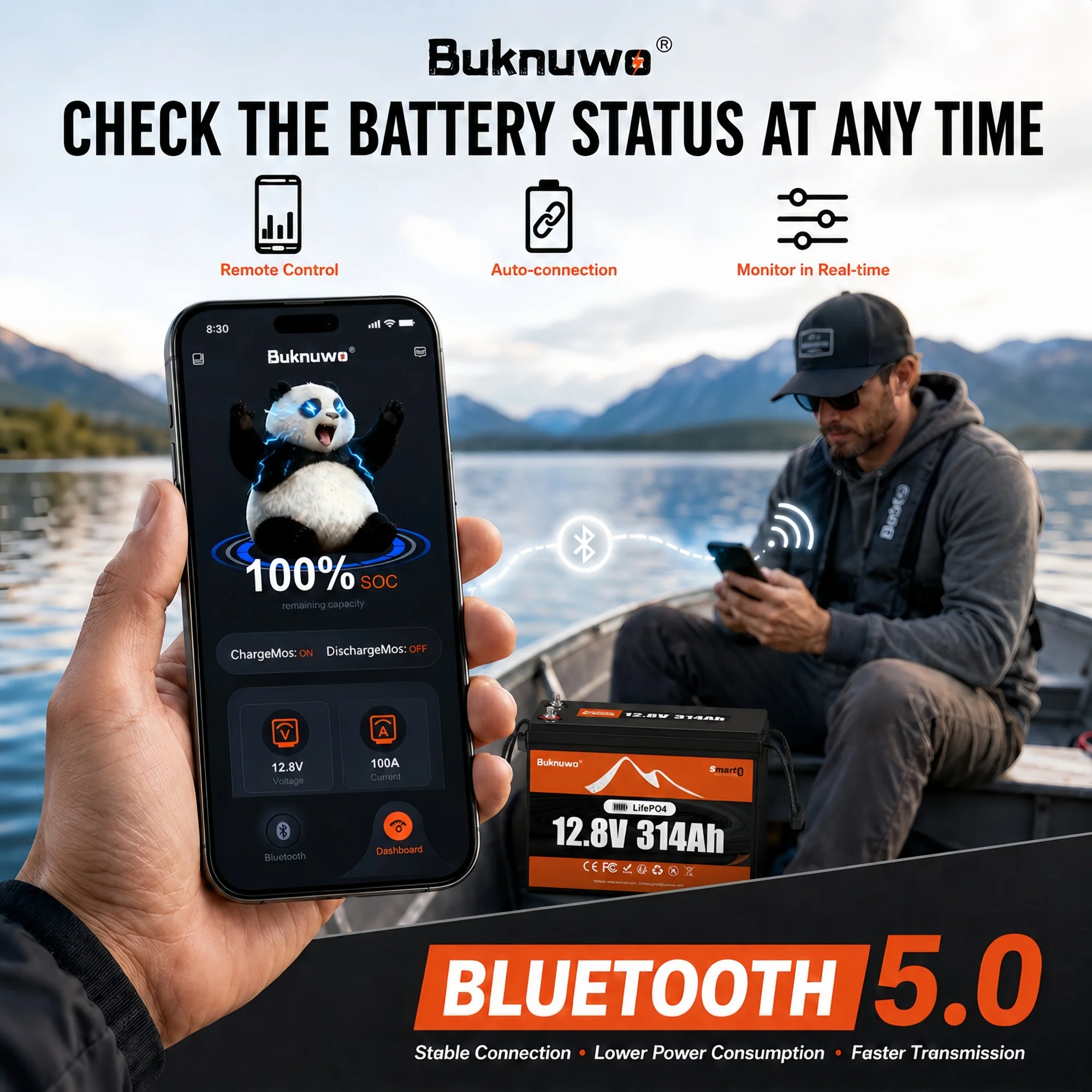 Buknuwo Smart 12V/12.8V 314Ah Bluetooth LiFePO4 Lithium Battery, 4000Wh Power Energy Battery, Built-in 200A BMS Grade A Cells, Low-Temp Protection, Capable Of Over 4, 000 Cycles Support Series/Parallel Battery For Solar, RV, Marine, Off-Grid Application
