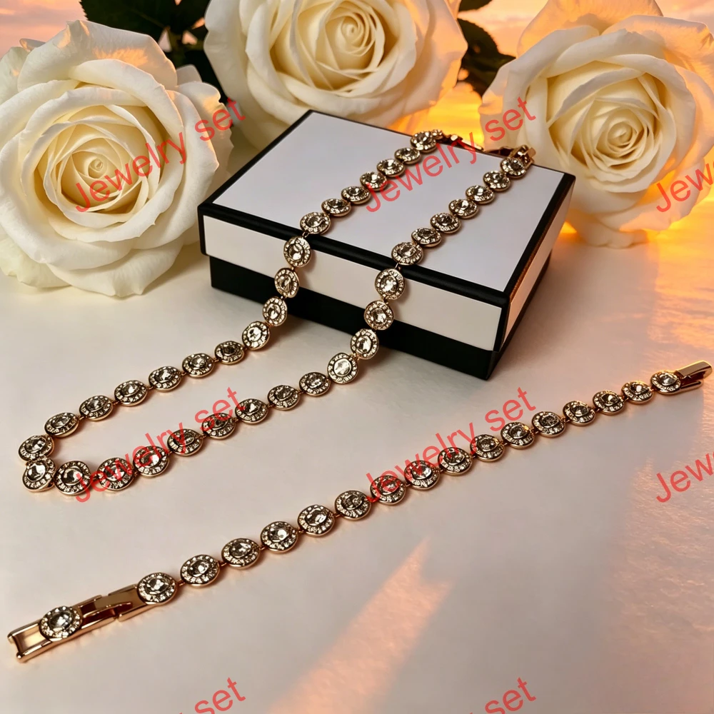 

2025 New Original Round Water Drop Crystal High Jewelry Set Fashion Dazzling Women's Bracelet Earring Necklace Ring Wedding Gift