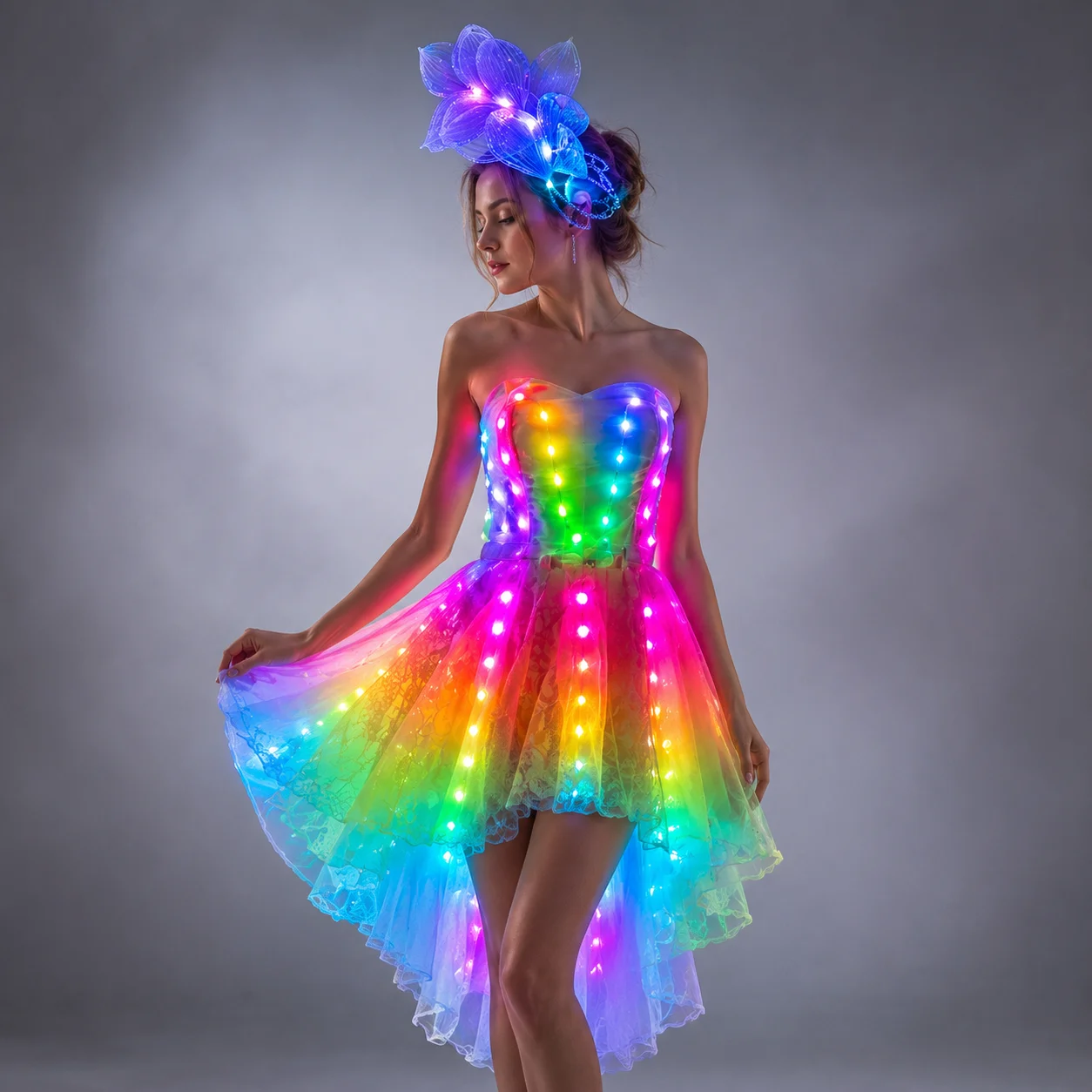 Vollfarbiger LED-Beleuchteter Tutu-Rock Sexy Micro-Miniröcke Nachtclub Spitzenkleid Schleppender Rock Hoftanz Cosplay Ballett-Kostüm