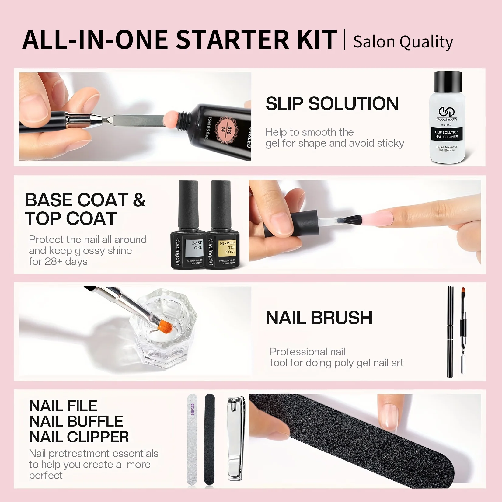 مجموعة أدوات تمديد جل البوليستر، بما في ذلك 30 مل من السوائل الأنظف، ومعطف قاعدة 7.5 مل معطف علوي، 100 قطعة قالب أظافر، وفرشاة أظافر