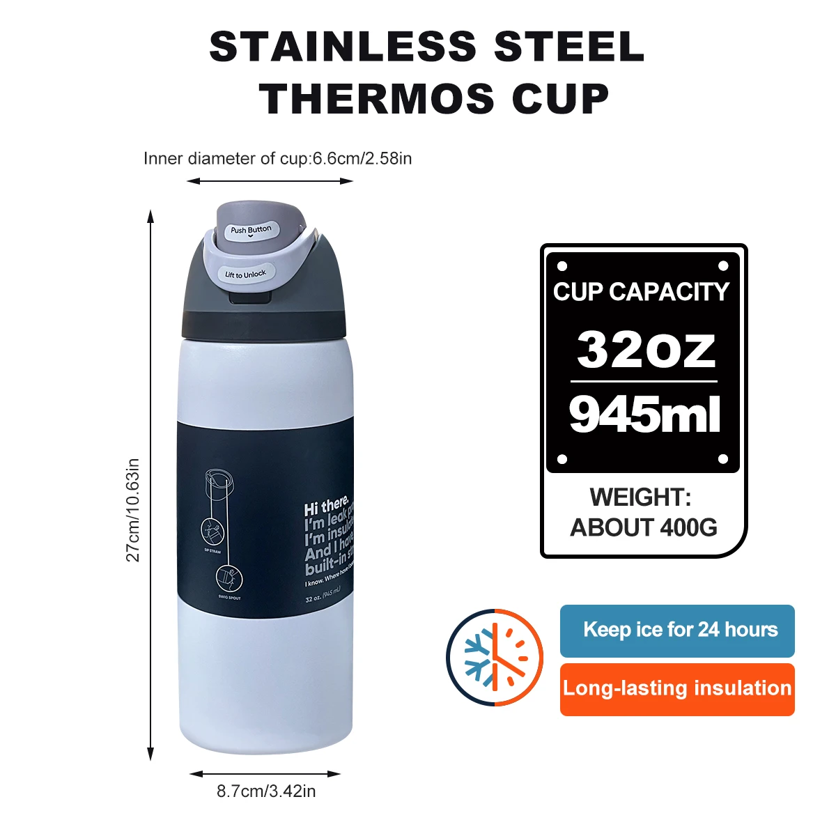 زجاجة أوبالا بيضاء، 32 أونصة، 945 مل، تحافظ على الحرارة لأكثر من 24 ساعة.