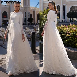 Roddrsya o - cou dentelle Roddrsya o - neck Ivoire dentelle manches longues robe de mariée 2023 Wedding Party bouton arrière satin et tulle robe de mariée formelle avec appliques Empire civil slip - down a - line gilet