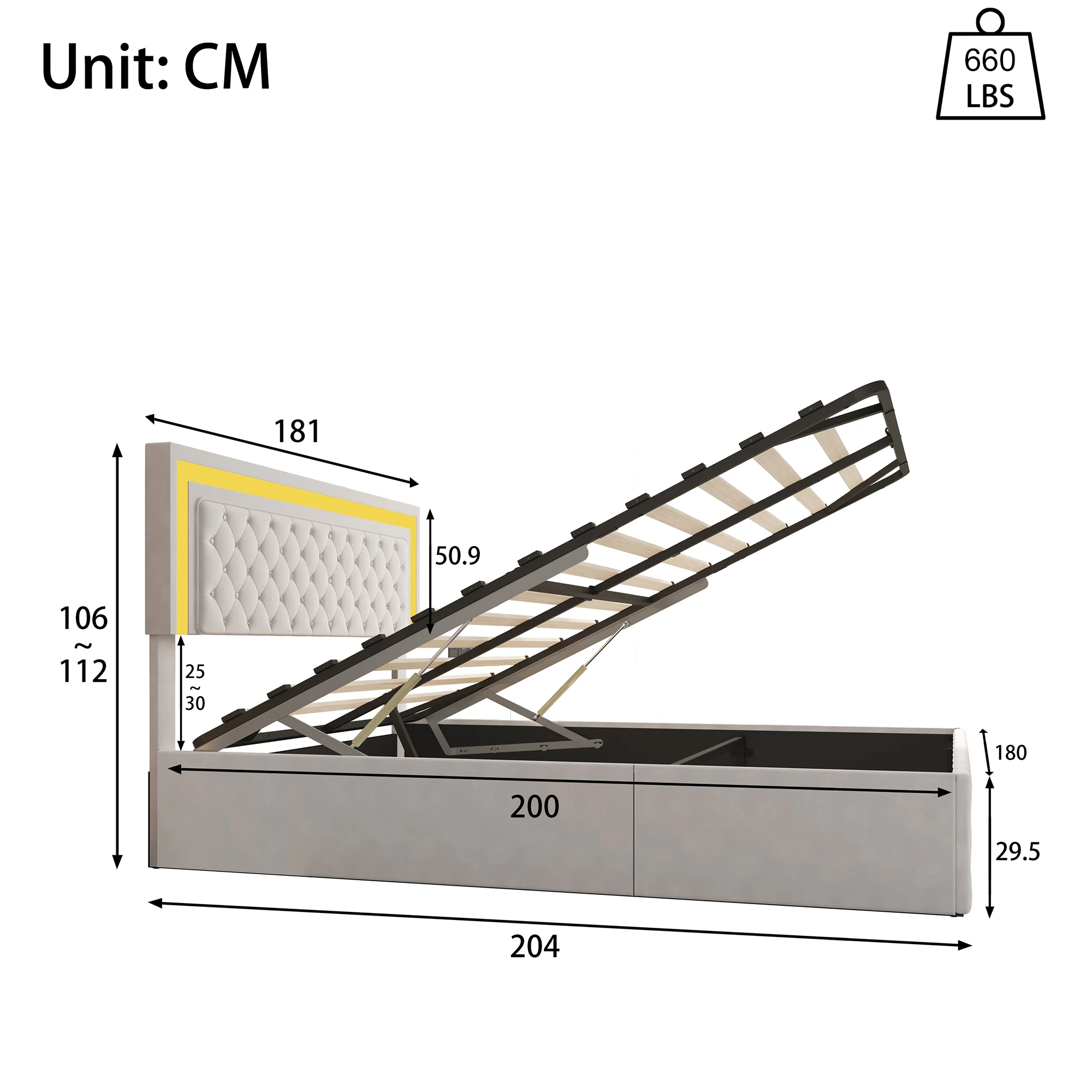 Łóżko ze schowkiem, podwójne łóżko z listwą LED z listwową podstawą i zagłówkiem klamry, aksamit-180x200cm