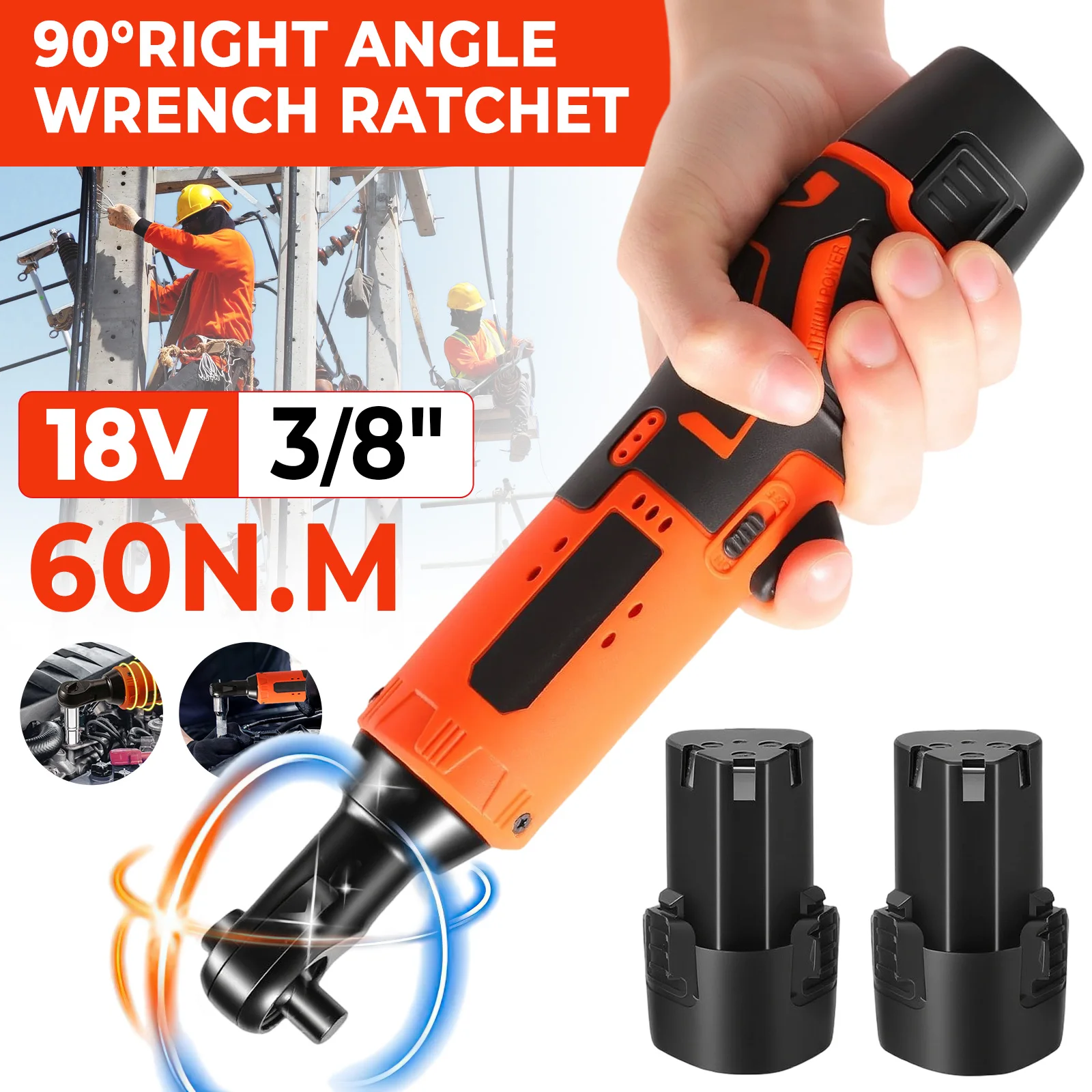 Llave Eléctrica Inalámbrica de Ángulo Recto de 60N.m, 260 RPM, Llave de Trinquete de 3/8 Pulgadas, Herramienta de Desmontaje de Tuercas para Mantenimiento de Automóviles con 2 Baterías