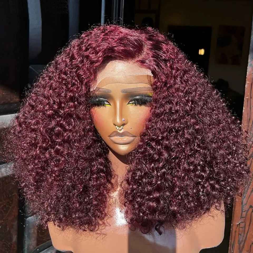 Rojo burdeos # 99J rizado 13x4 HD peluca con malla frontal pelucas cortas Bob 250% densidad 100% pelucas de encaje de cabello humano pelucas rizadas Bob para mujeres