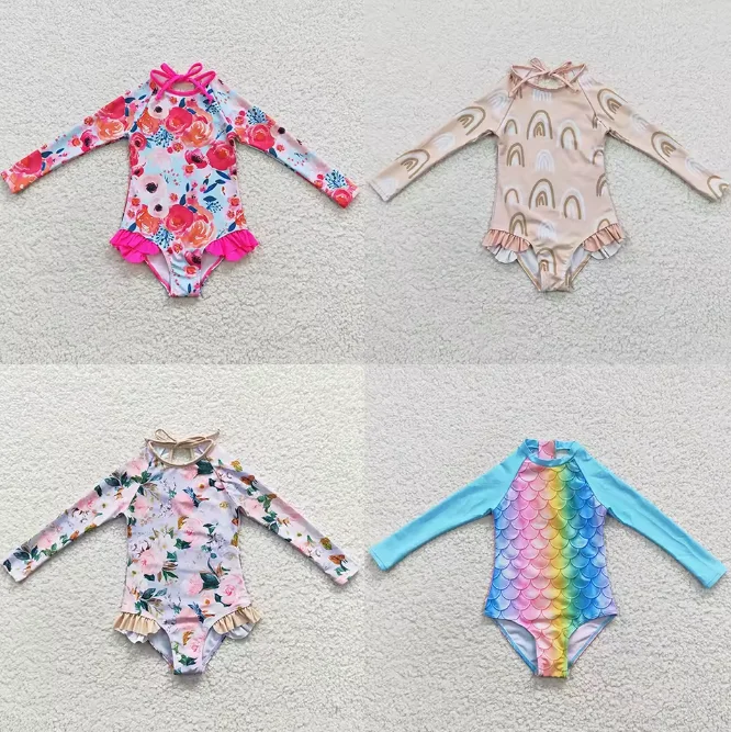 

Baby Girls Swimsuits Long Sleeve One Pieces Swimsuit Summer Fashion Kids Clothes Swimwear Boutique Girls Swim Clothes