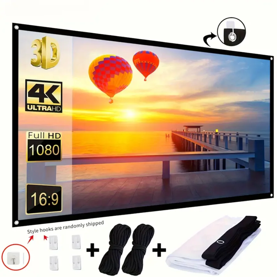Tela de Projeção de 84/100/120/150 Polegadas com Bordas Pretas, Imagem Nítida e Cinema em Casa, Envio Imediato