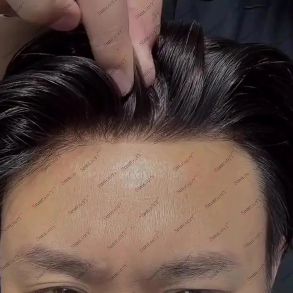 

Незаметный мужской парик-накладка из индийских волос Remy, 0.06 мм, из полиуретана, мягкий, прочный, с технологией V-loop, протез для восстановления волос