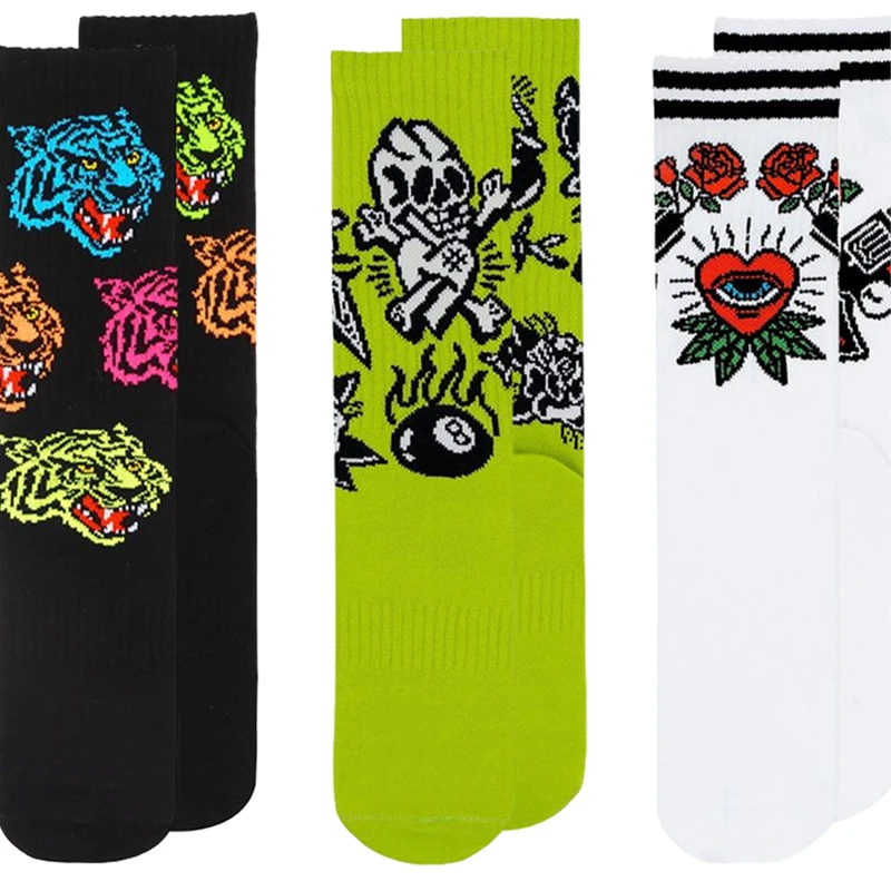 Harajuku Retro Gothic Schädel Tiger Rose Herz Skelett Puppe Crew Socken Elastische Unisex Baumwolle Strumpf Neuheit Chic Lange Socken