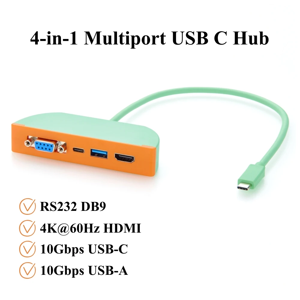 4-in-1 Multiport USB C Hub, with RS232 DB9, 4K@60Hz HDMI, 10Gbps USB-C & USB-A Data Ports, for Laptop, Industrial, Office