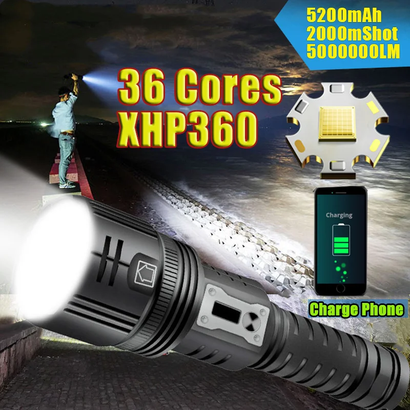 36Cores XHP360 High Powerful Flashlight 26650 USB Rechargeable Flash Light Zoomable Tactical Torch LED flashlights Lantern