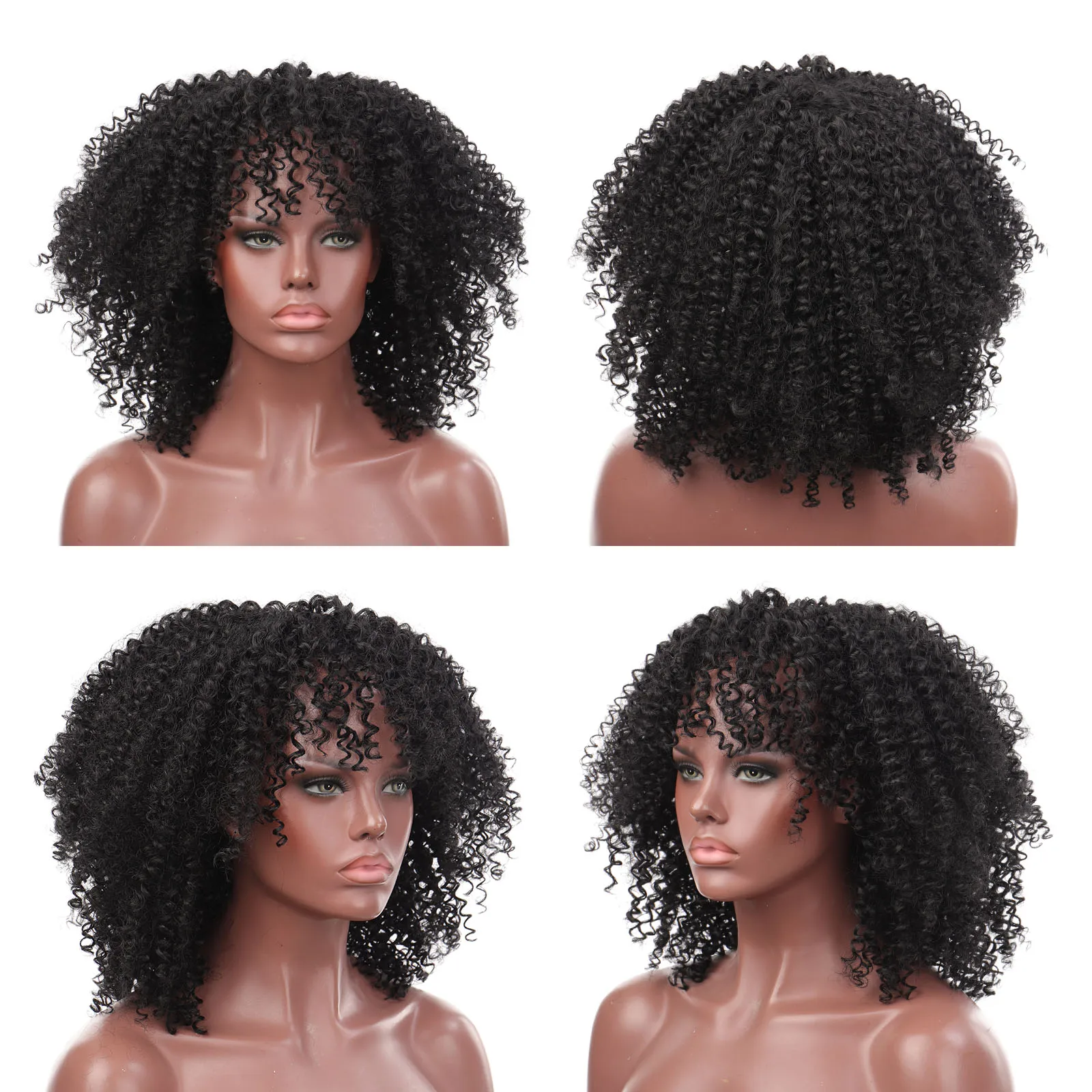 Allaosify-peluca Afro rizada con flequillo para mujeres negras, rizada, sintética, resistente al calor, de 14 pulgadas