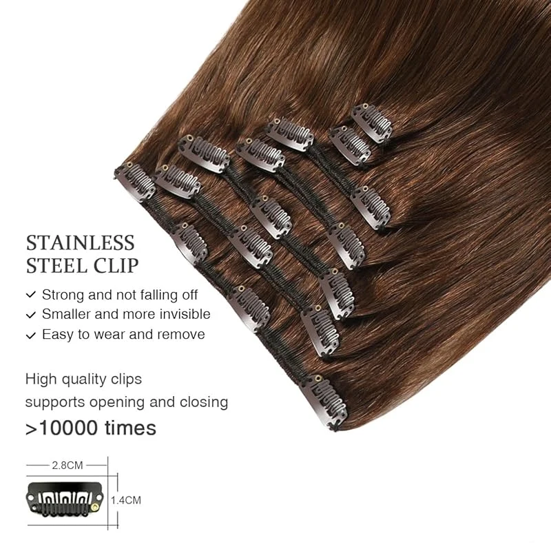 Clip In Hair Extensions Bruin Haar Echt Menselijk Haar Dubbele Inslag 8 Stuks Hair Extensions Clip Ins Steil Menselijk Haar Voor Vrouw #4