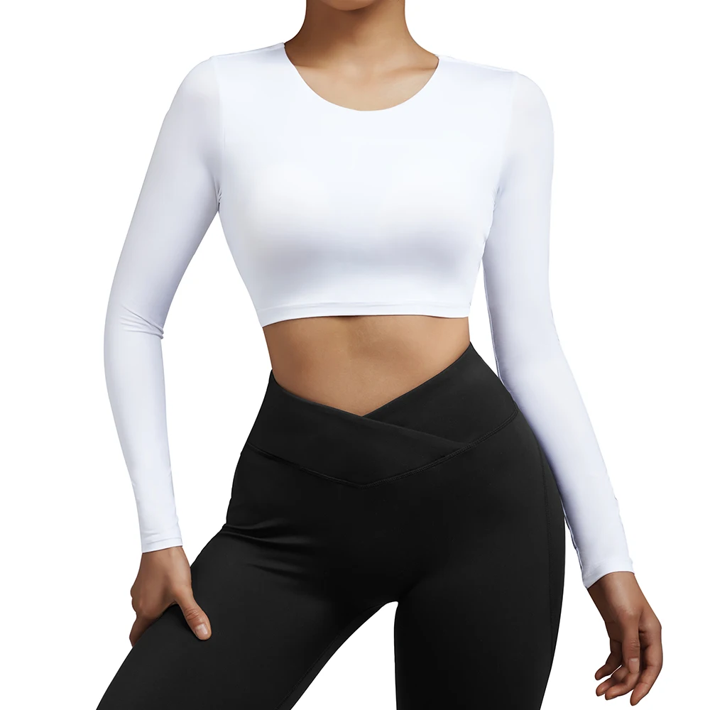 Sports Shirt Top Crop Top Bra Sexy Open Back Gym Plus Size Shockproof Fitness Running Gym Clothing Long Sleeve Yoga Shirts Women