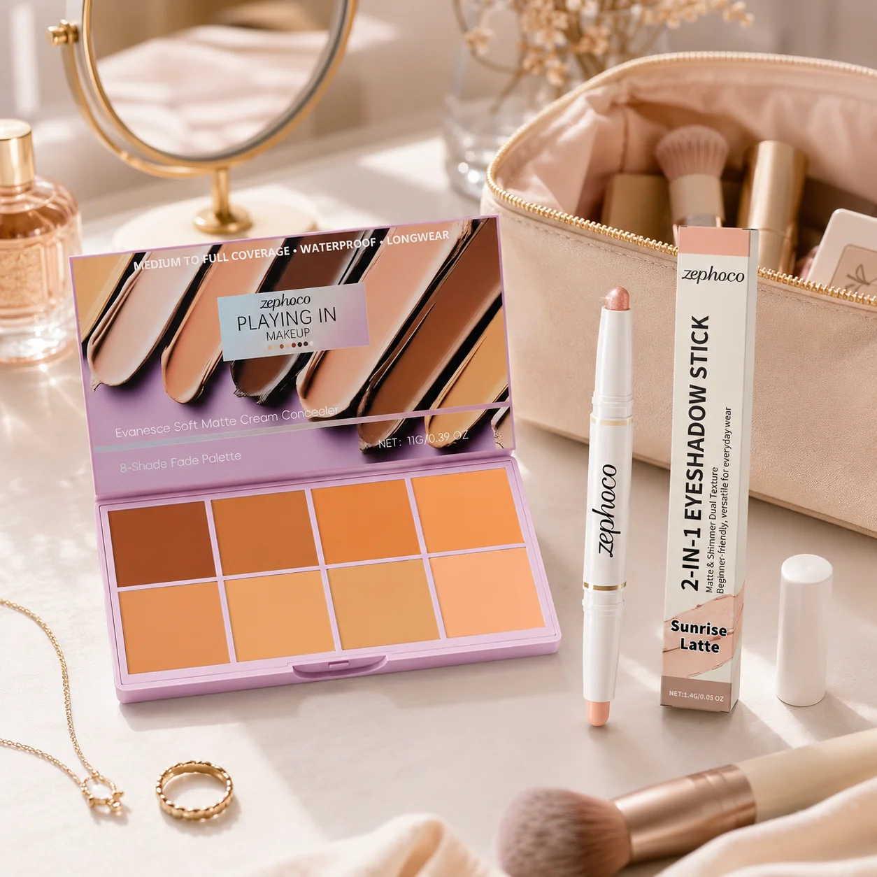 8Color Cream Concealer Palette with Double End Eyeshadow Stick Sunrise LatteMakeup KitEasy to apply makeup and convenient to use