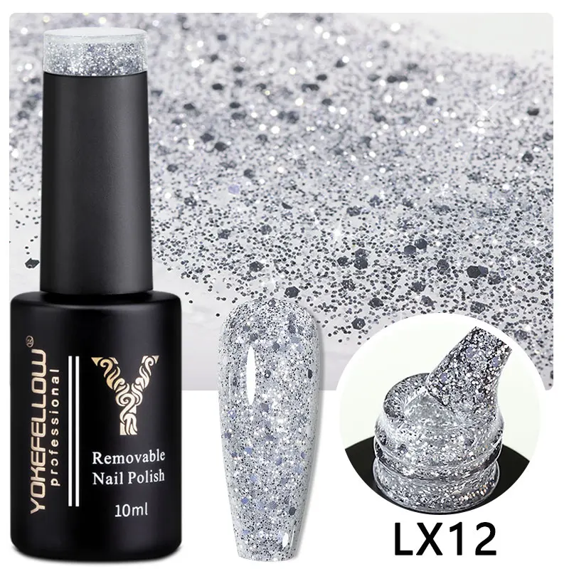 YOKEFELLOW 10ml Zilverachtige Glitter Pailletten UV Gel Nagellak Semi Permanente Losweken Manicure Nail Art Gel Vernissen Hybride Ontwerp