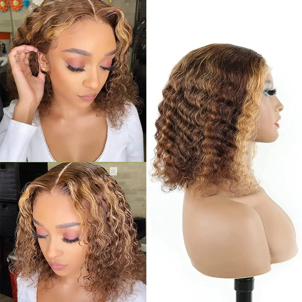 Highlight Ombre Deep Wave Human Hair Wig 13x4 Lace Frontal Curly Lace Wig 150% Density Short Curly Bob Wig for Black Women