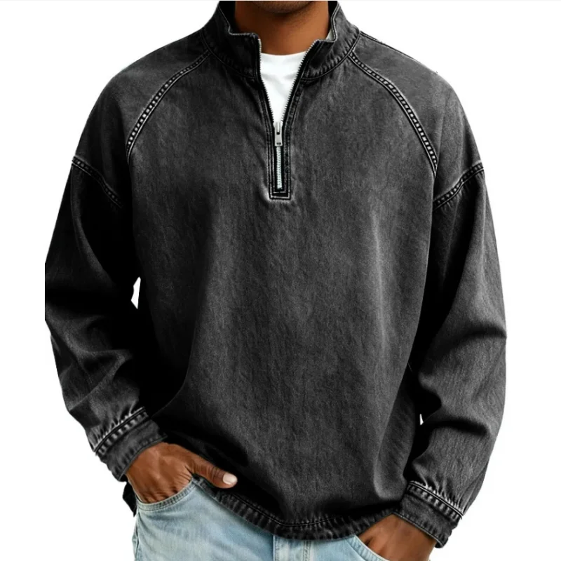 Henley Shirts for Men Quarter Zip Pullover Vintage Distressed Stand Collar Polo Denim Sweat Long Sleeve Sweatshirts Mock Neck view 4