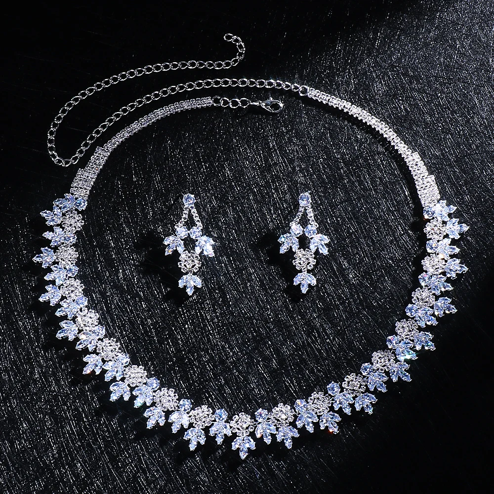 Elegant African Bridal Jewelry Set Cubic Zirconia Party Accessories Leaf Shape Hollow Rhinestone Earrings Necklace Set for Women