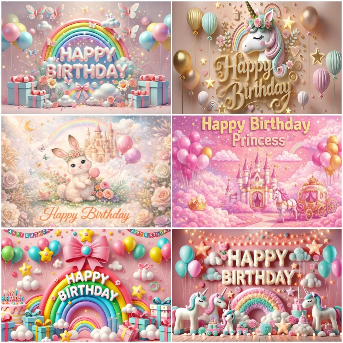 

Cute Unicorn Rainbow Theme Background Birthday Party Cake Table Decoration Baby Shower Party Gift Photos Prop Portrait Backdrop