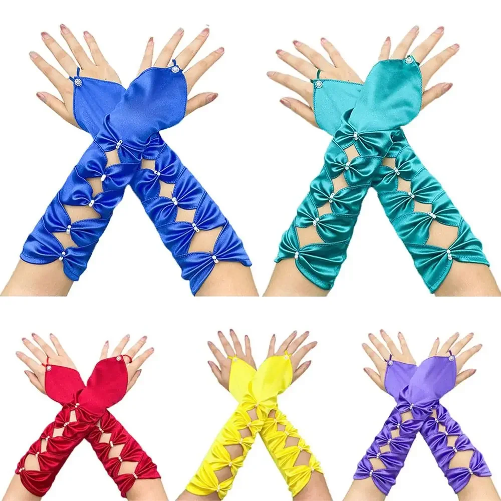 Gants de mariée longs et élastiques en Satin plissé avec nœud papillon, élégants, coude sarcelle, sans doigts, pour soirée, bal de promo, pour filles